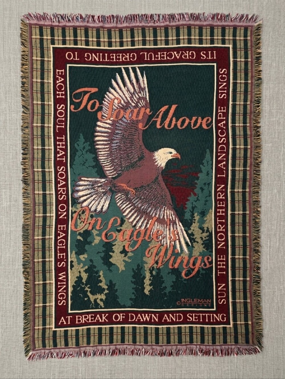 Vintage 90s Jacquard Woven Cotton Fringe Tapestry Throw Blanket Eagles Wing Hymn